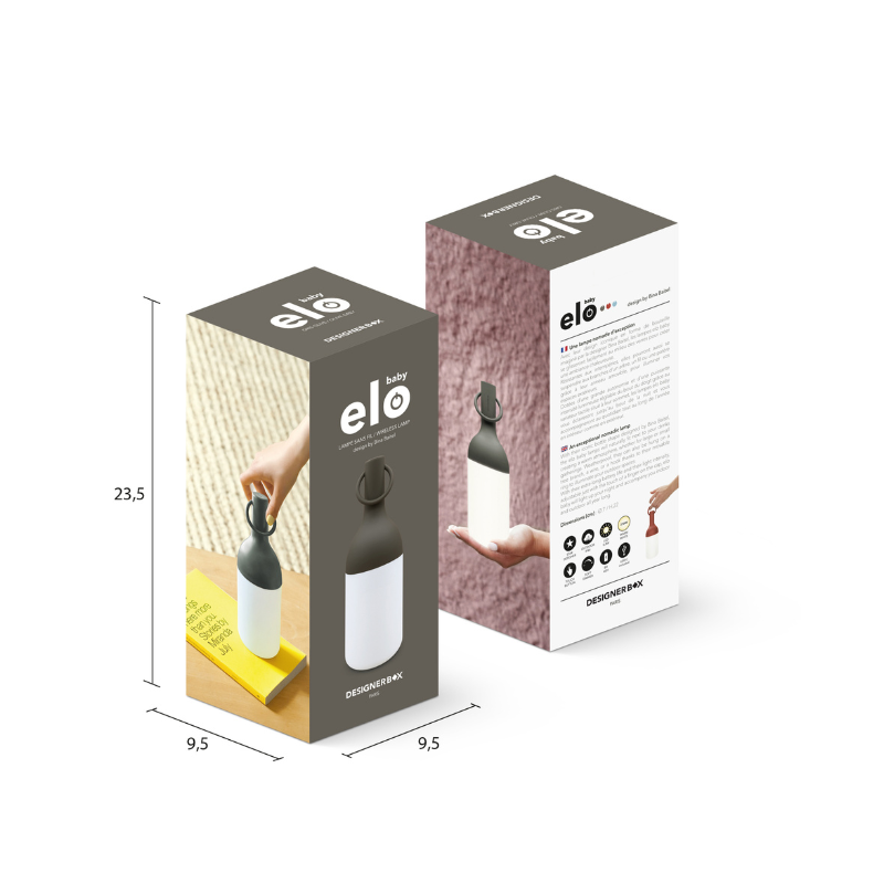The ELO Baby Portable Table Lamp by Bina Baitel for DesignerBox olive grey packaging.