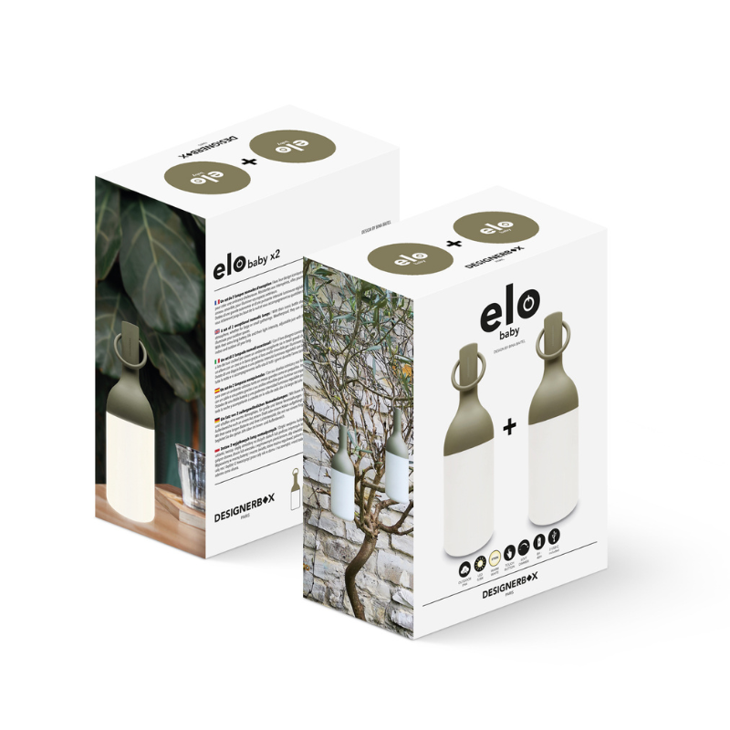 The ELO Baby Portable Table Lamp, Set of 2 by Bina Baitel for DesignerBox khaki packaging.