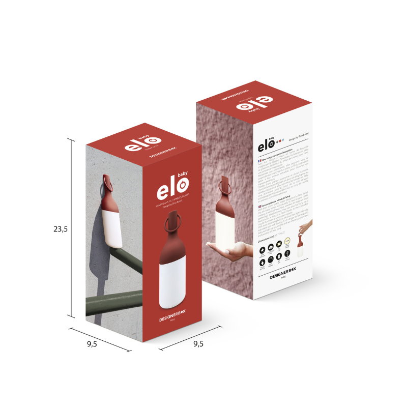 The ELO Baby Portable Table Lamp by Bina Baitel for DesignerBox terracotta packaging.