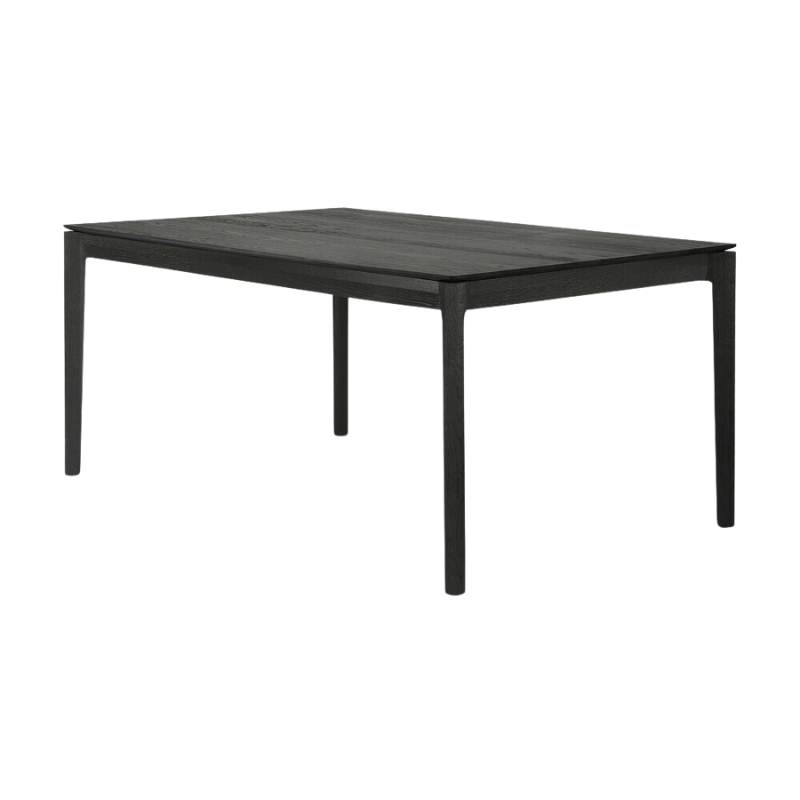 The 79 to 118 inch Bok Extendable Dining Table from Ethnicraft in black oak from an angle.