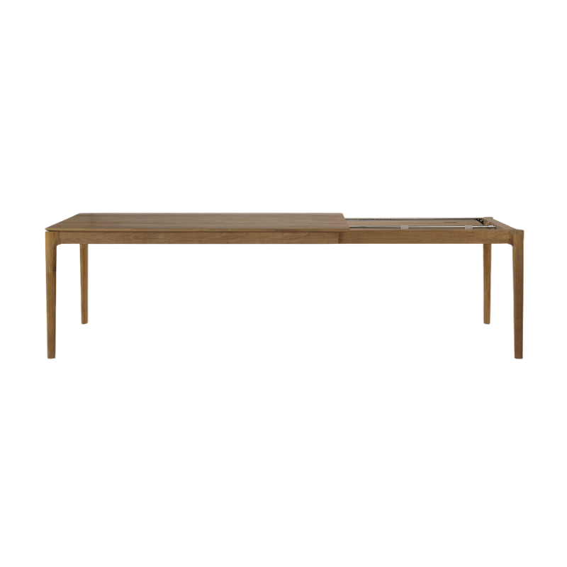The 71 to 110 inch Bok Extendable Dining Table from Ethnicraft in teak collapsed.