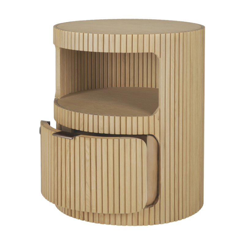 The Boomerang Drawer Unit Oak by Ethnicraft with the drawer opened.