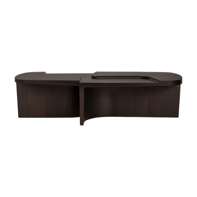 The Brutalist Rectangular dark wooden coffee table by Ethnicraft from the side.