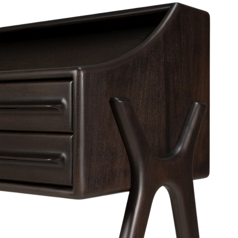 The Flow Desk by Ethnicraft is in rose brown mahogany, showing a leg and drawers.