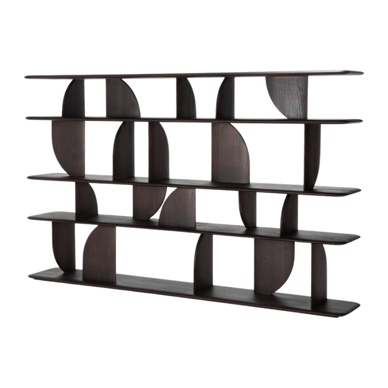 The Geometric Rack from Ethnicraft in dark brown teak from the side.