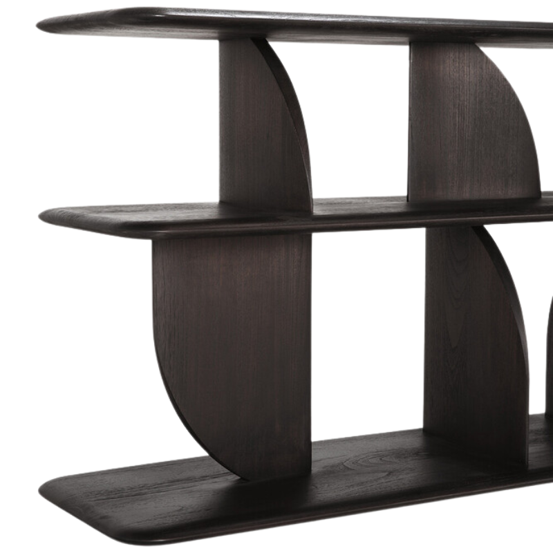 The Geometric Sofa Console from Ethnicraft in dark brown teak close up.