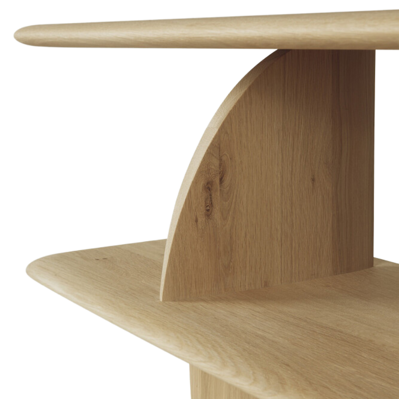 The Geometric Sofa Console from Ethnicraft in oak focusing on the shelving.