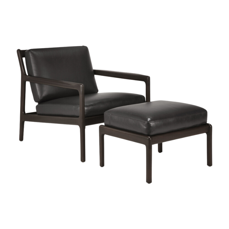 The Jack Lounge Chair and Ottoman from Ethnicraft with a black leather cushion.