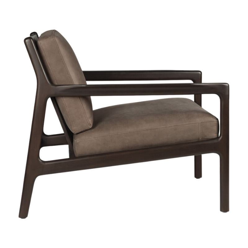 The Jack Lounge Chair from Ethnicraft with a terra nubuck leather cushion from the side.