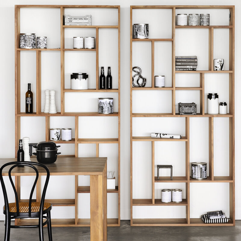 The M Rack from Ethnicraft large size in teak within a kitchen and dining setting.