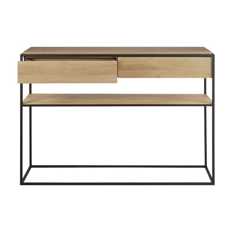 The Monolit Console from Ethnicraft in oak with an open drawer from the front.