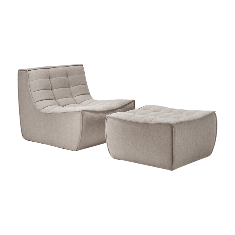 The N701 Footstool from Ethnicraft with ecru eco fabric with the one seater sofa.