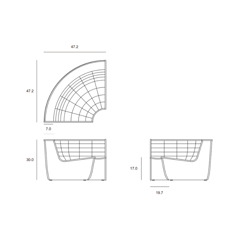 The round corner from the N701 Modular Sectional Sofa, Round 1-2 configuration by Ethnicraft dimensions as a technical line drawing. all-groups