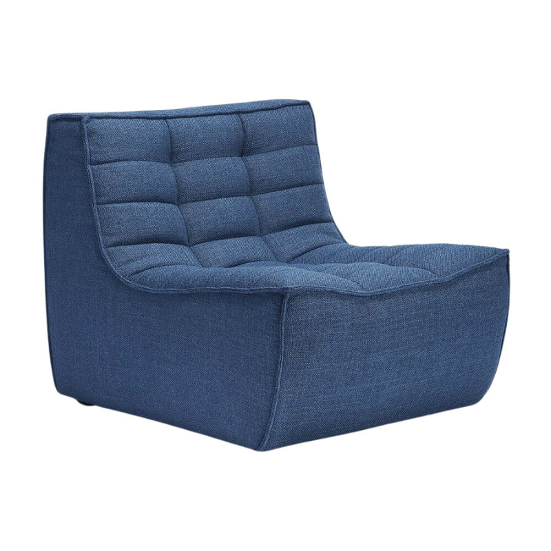 The N701 One Seater from Ethnicraft with blue standard fabric from an angle.
