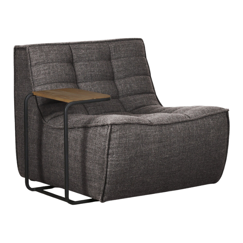 The N701 One Seater from Ethnicraft with dark grey standard fabric and a side table from an angle.
