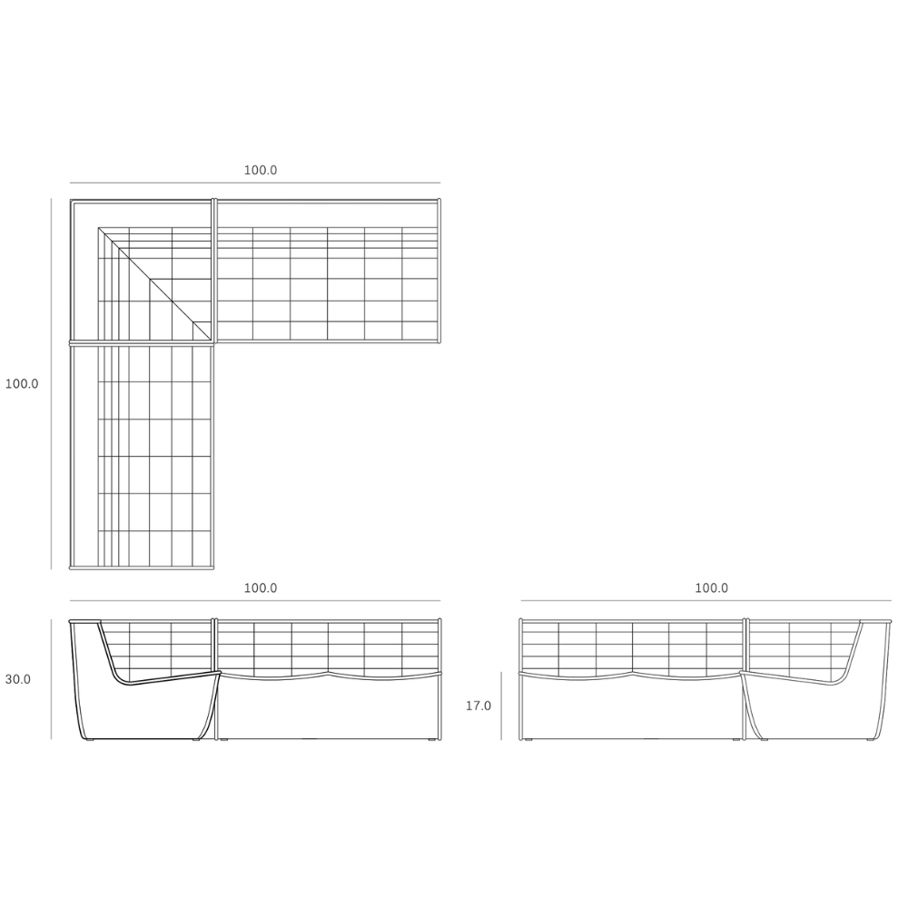 The N701 Modular Sectional Sofa by Ethnicraft, corner sectional with square corner and 2x two-seater sections. dimensions. all-groups