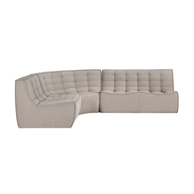 The N701 Two Seater Sofa from Ethnicraft with ecru eco fabric in a sofa setup with a round corner.