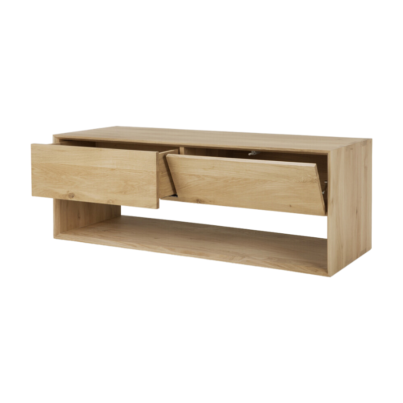 The Nordic TV Cupboard from Ethnicraft 47.5 inch size open.