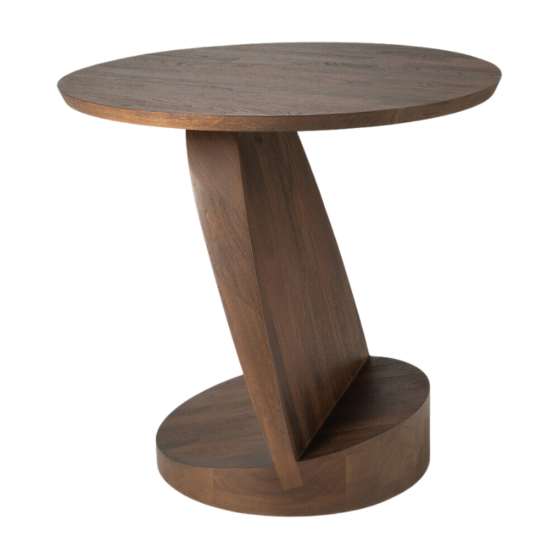 The Oblic Side Table from Ethnicraft in brown teak at an angle.