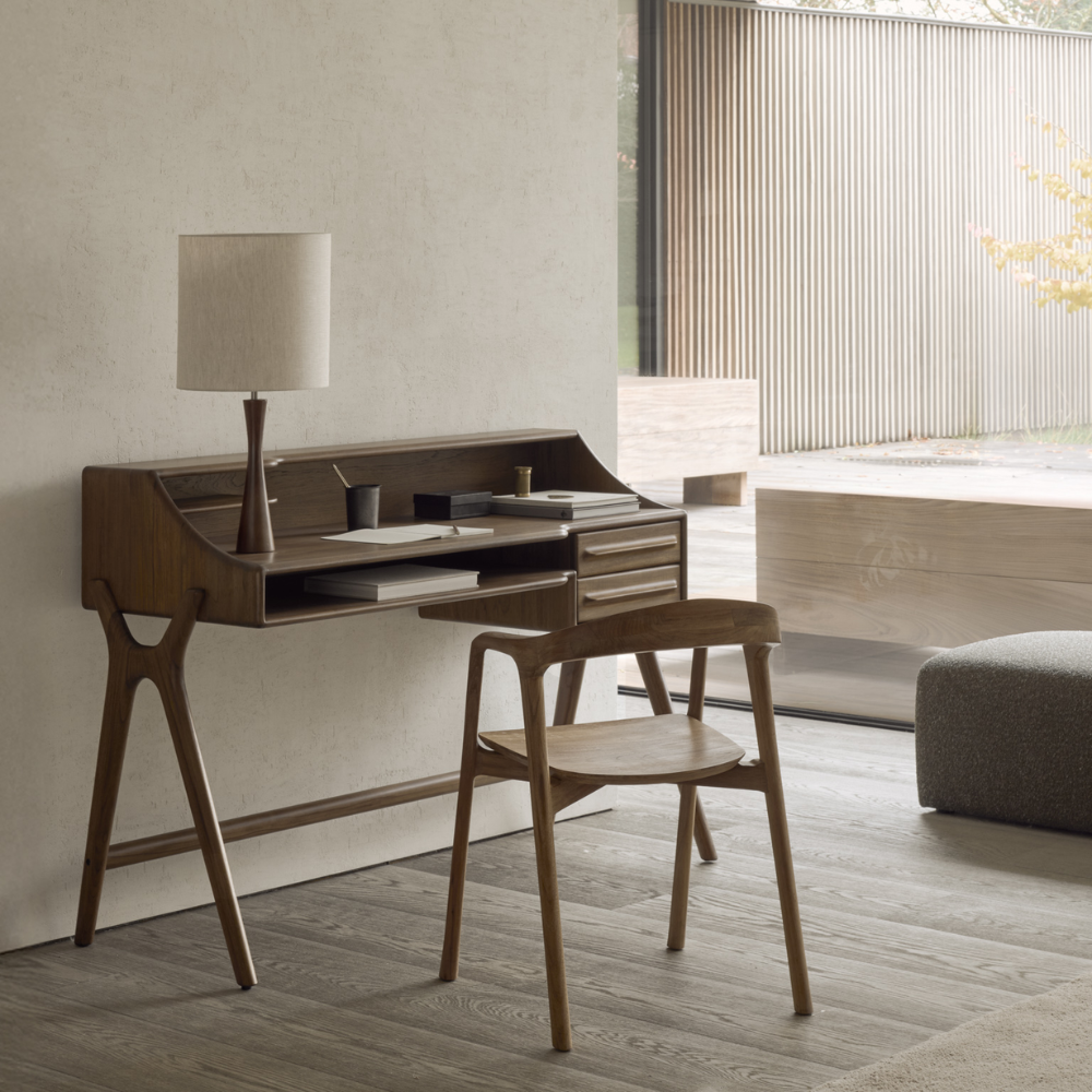 Ethnicraft office furniture featuring a desk with drawers and dining chair.