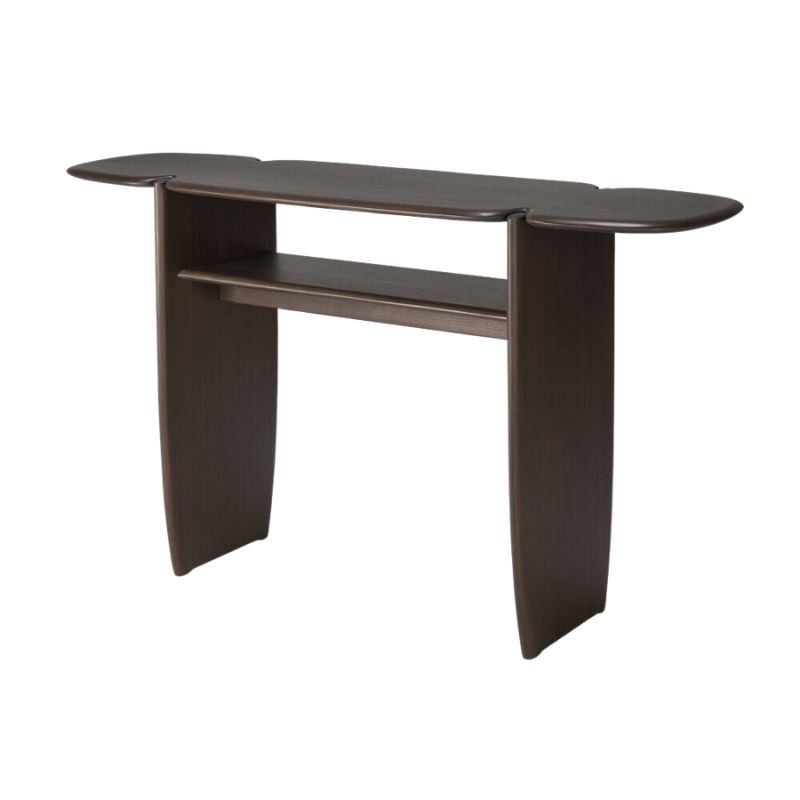The PI Console from Ethnicraft in dark brown mahogany 51 inch size from the side.