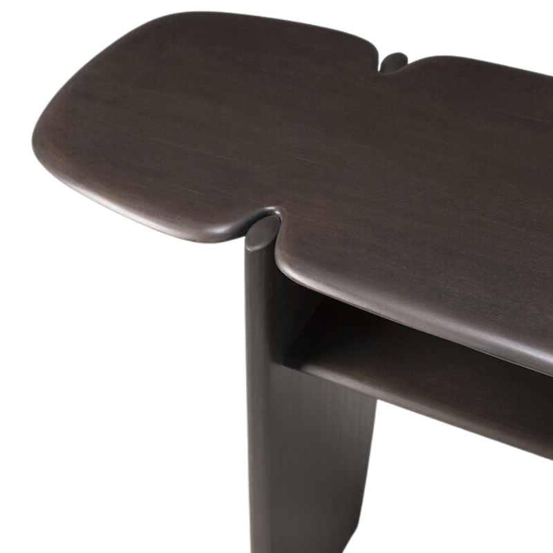 The PI Console from Ethnicraft in dark brown mahogany in a close up.