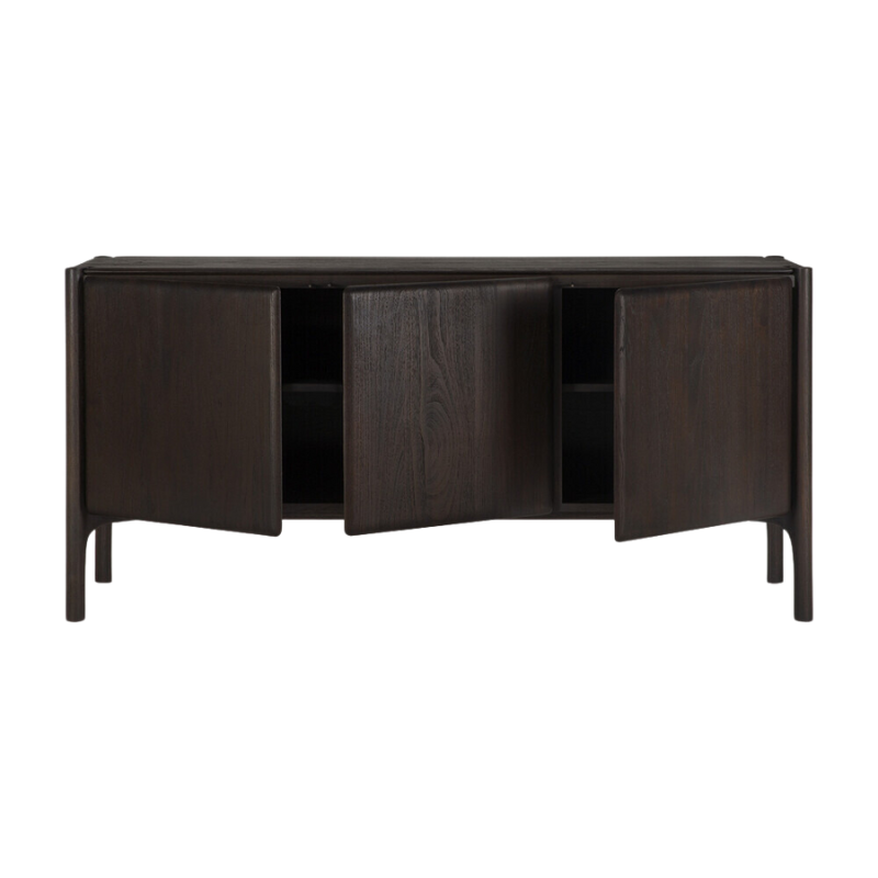 The 69 inch PI Sideboard from Ethnicraft in dark brown teak with three open doors.
