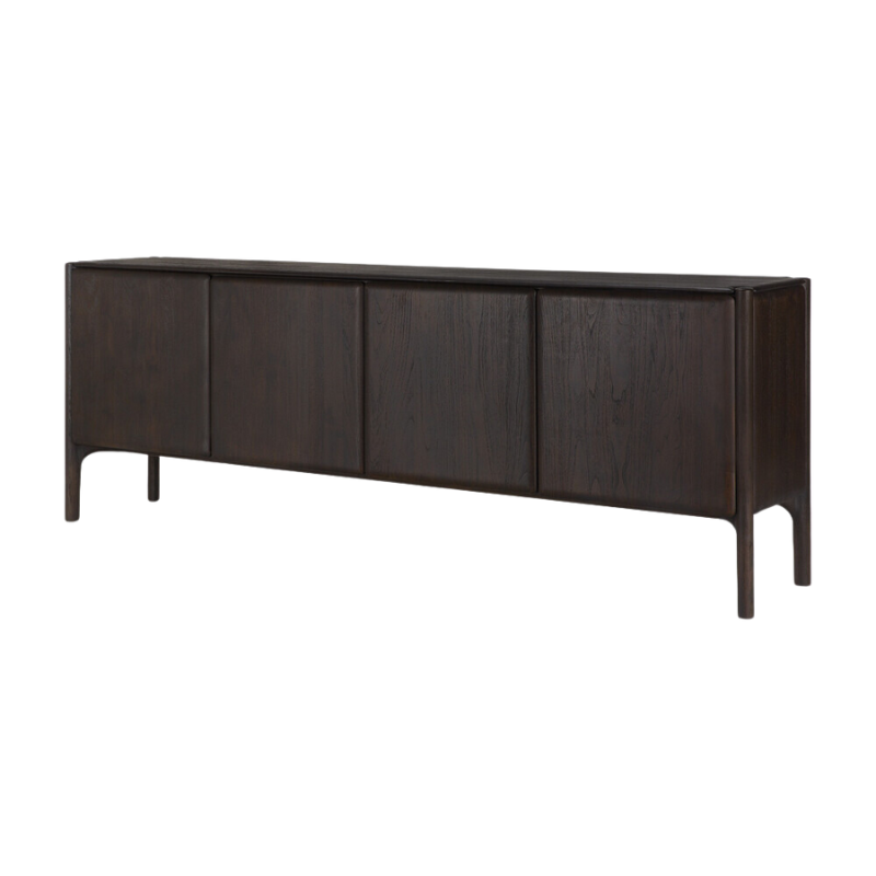The 91 inch PI Sideboard from Ethnicraft in dark brown teak from an angle.