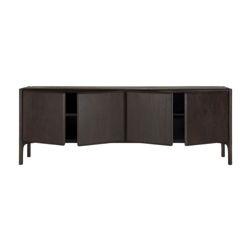 The 91 inch PI Sideboard from Ethnicraft in dark brown teak with four open doors.