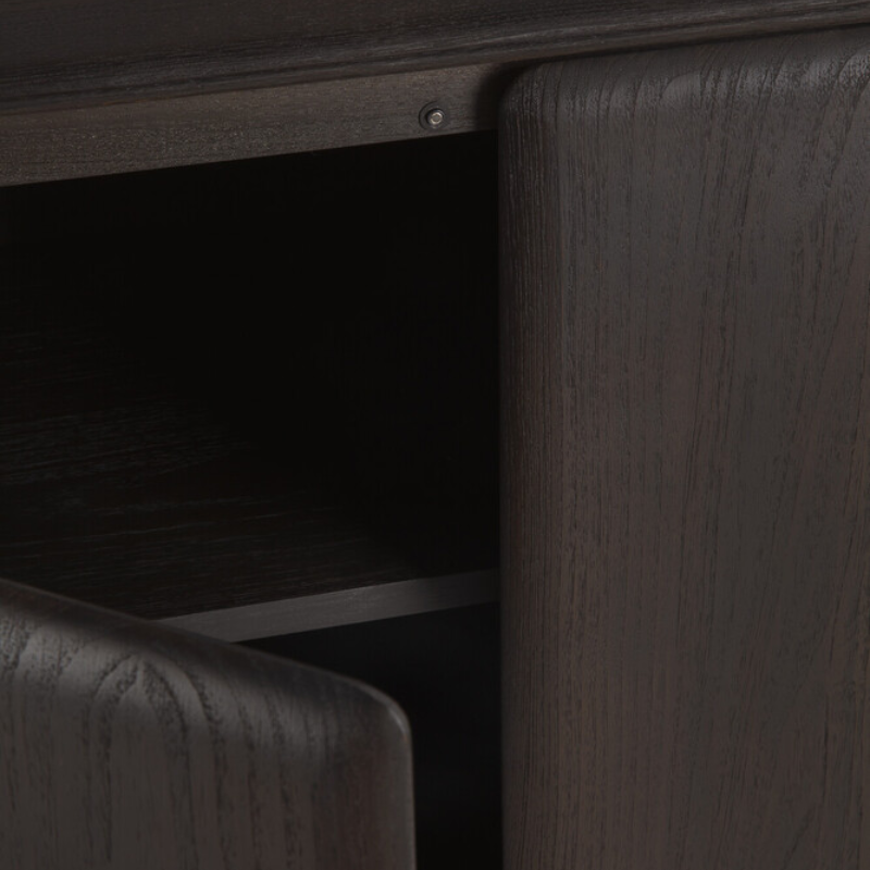 The PI Sideboard from Ethnicraft in dark brown teak showing the storage.