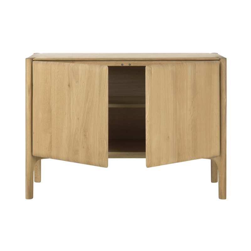 The 47 inch PI Sideboard from Ethnicraft in oak with two open doors.