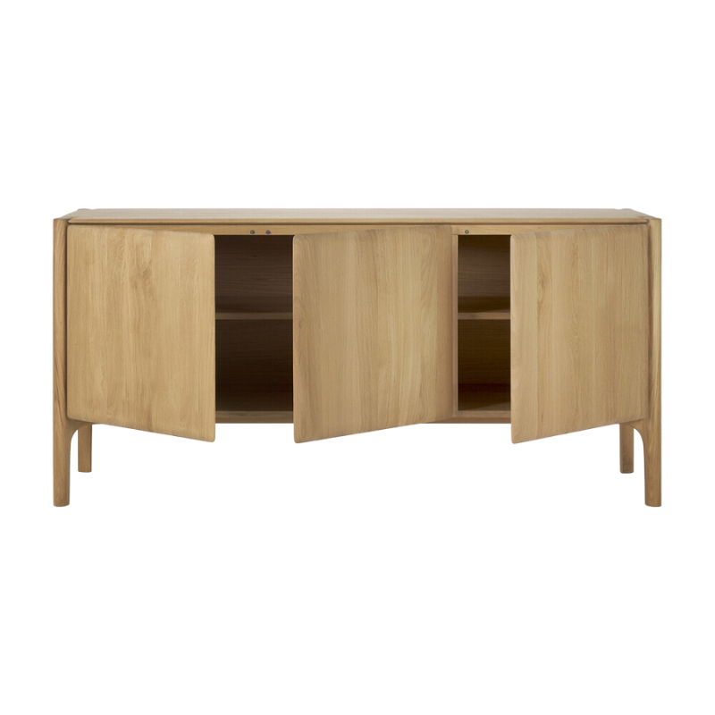 The 69 inch PI Sideboard from Ethnicraft in oak with three open doors.