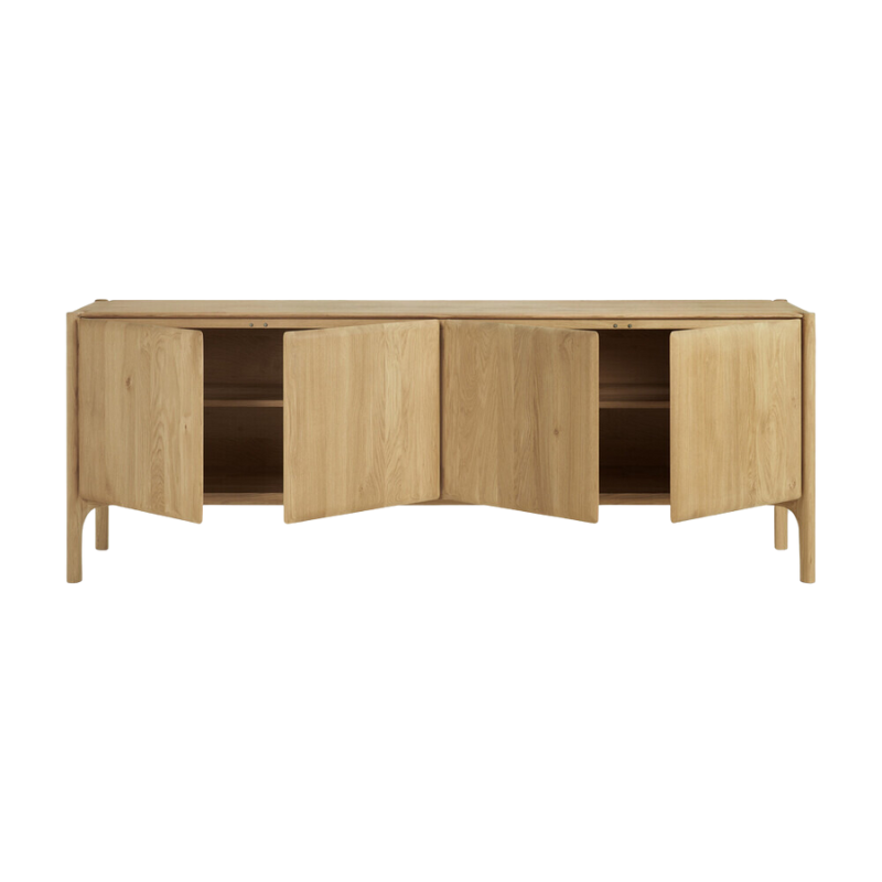 The 91 inch PI Sideboard from Ethnicraft in oak with four open doors.