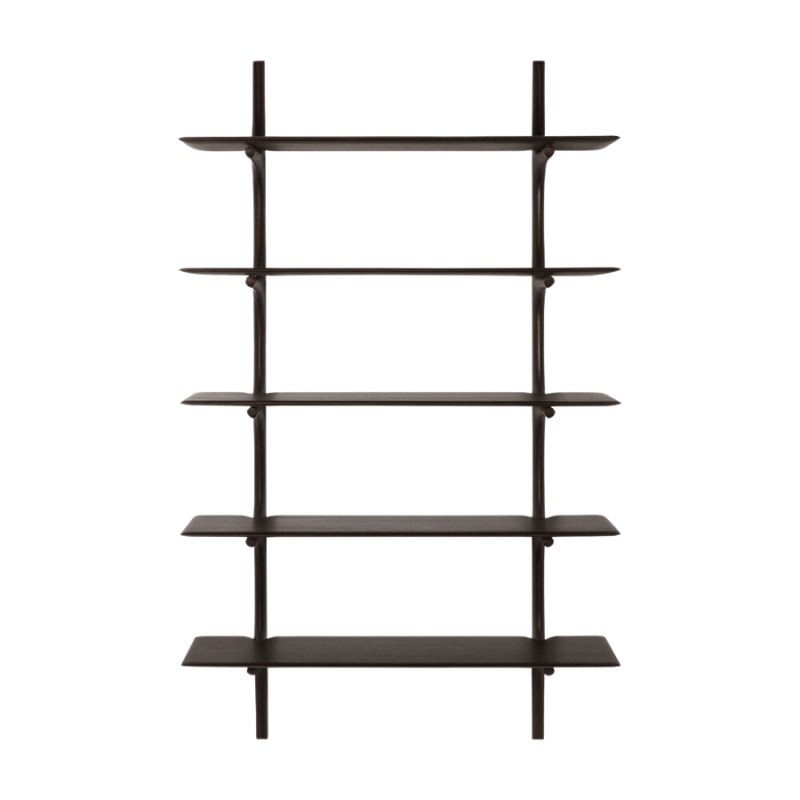 The PI Wall Shelf with Five Shelves from Ethnicraft in dark brown mahogany.