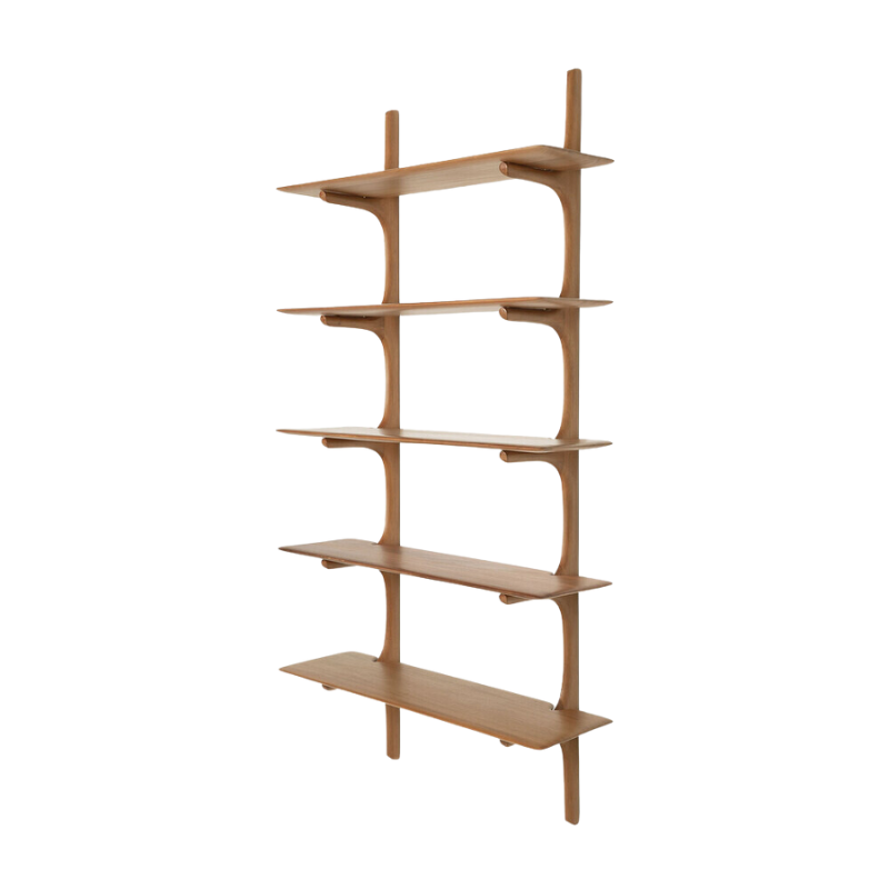 The PI Wall Shelf with Five Shelves from Ethnicraft in mahogany from an angle.