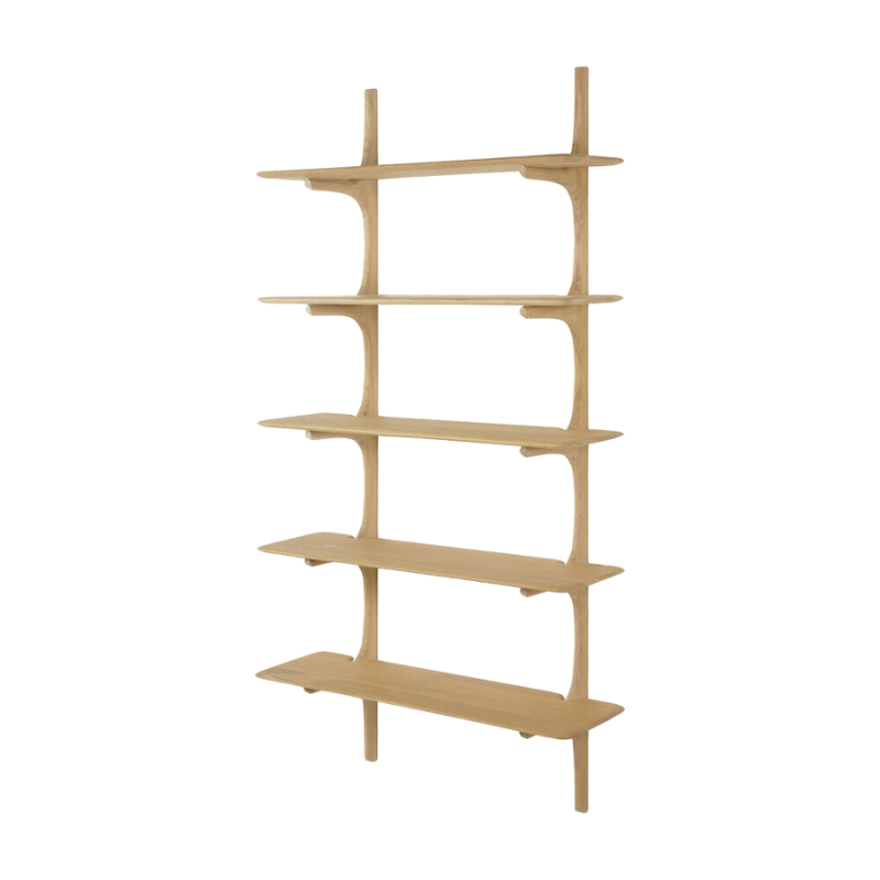 The PI Wall Shelf with Five Shelves from Ethnicraft in oak from an angle.