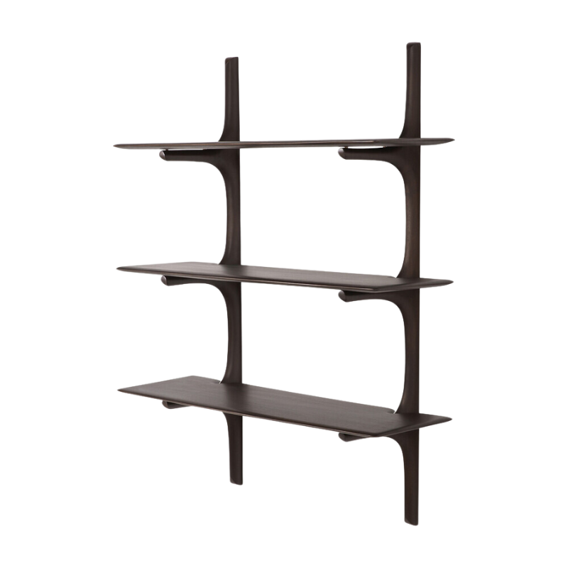 The PI Wall Shelf with Three Shelves from Ethnicraft in dark brown mahogany from an angle.