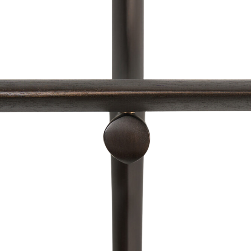 The PI Wall Shelf with Three Shelves from Ethnicraft in dark brown mahogany in detail.