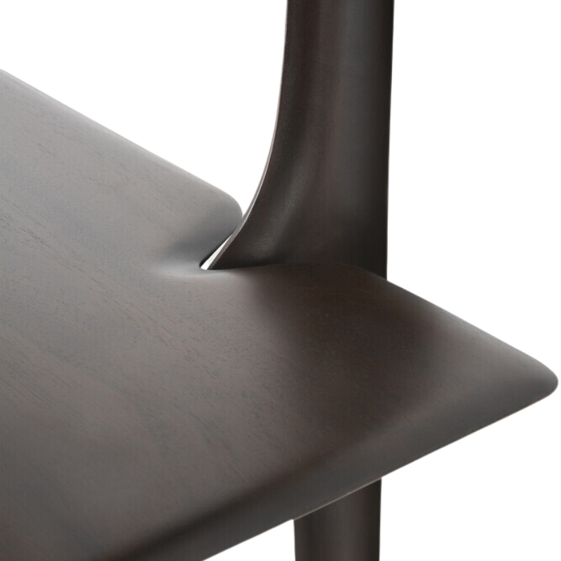 The PI Wall Shelf with Three Shelves from Ethnicraft in dark brown mahogany focusing on the shelf.