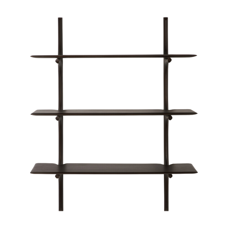 The PI Wall Shelf with Three Shelves from Ethnicraft in dark brown mahogany.