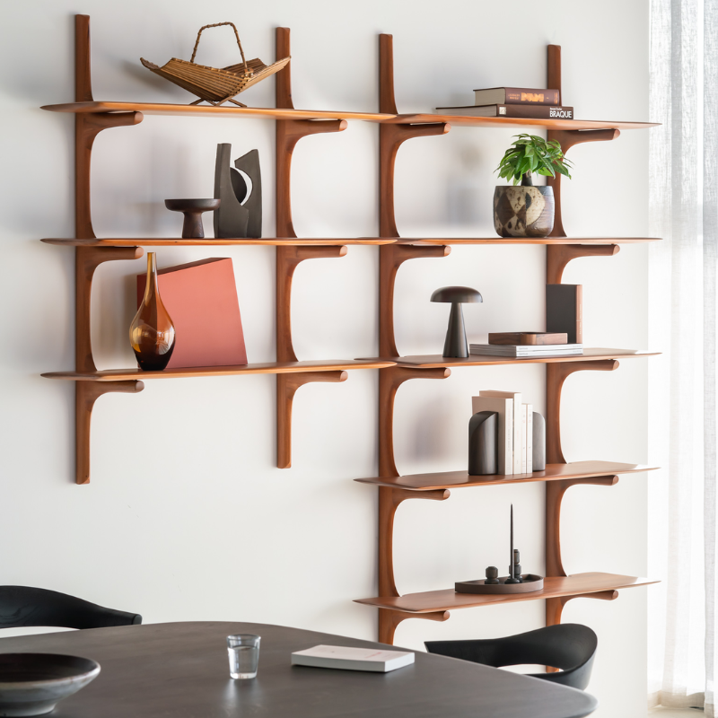 The PI Wall Shelf with Three Shelves from Ethnicraft in a dining room.