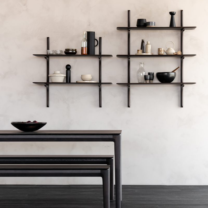 The PI Wall Shelf with Three Shelves from Ethnicraft in a kitchen and dining setting.