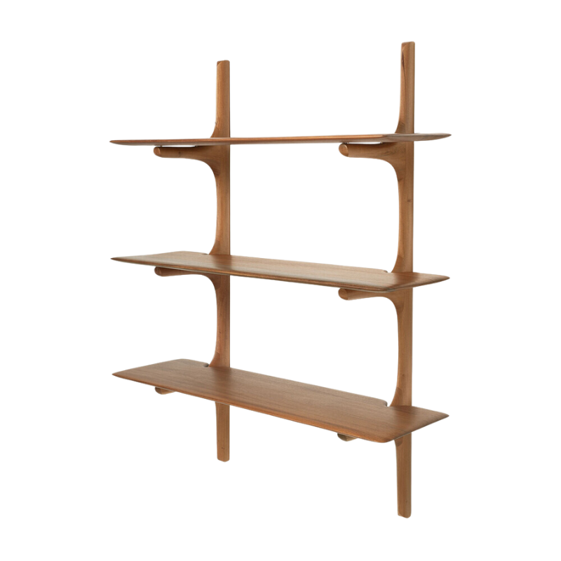The PI Wall Shelf with Three Shelves from Ethnicraft in mahogany from an angle.