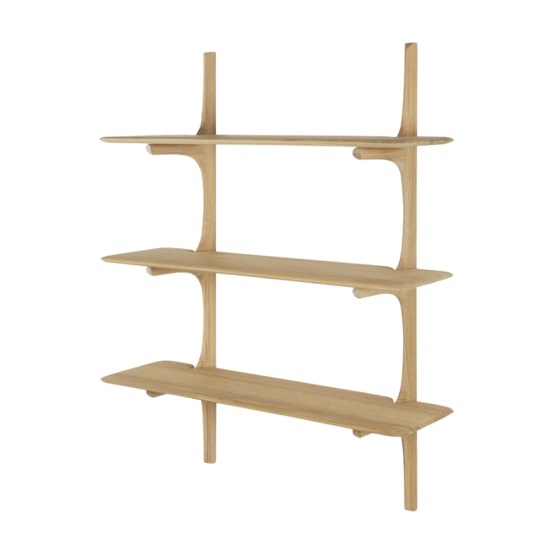 The PI Wall Shelf with Three Shelves from Ethnicraft in oak from an angle.