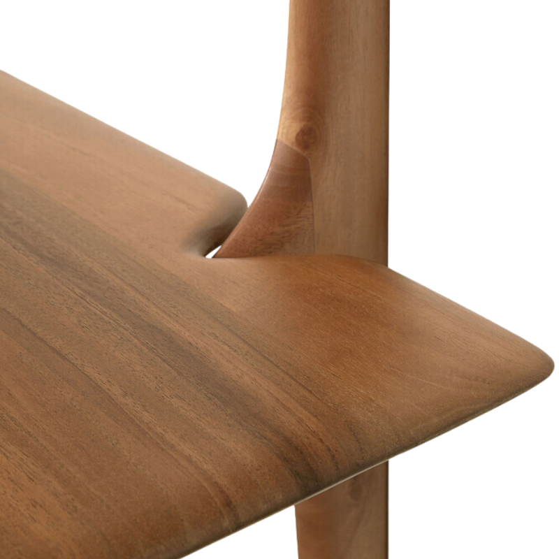 The PI Wall Shelf with Two Shelves from Ethnicraft in mahogany focusing on the shelf.