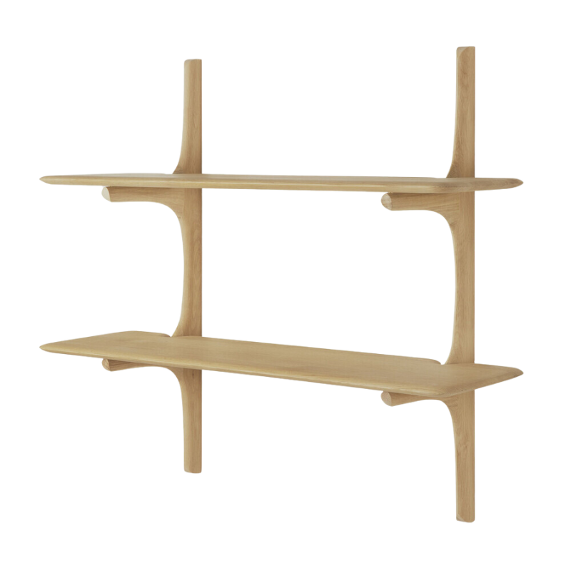 The PI Wall Shelf with Two Shelves from Ethnicraft in oak from an angle.