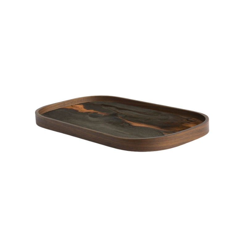The Rectangular Organic Valet Tray Small Bronze from Ethnicraft from the side angle.
