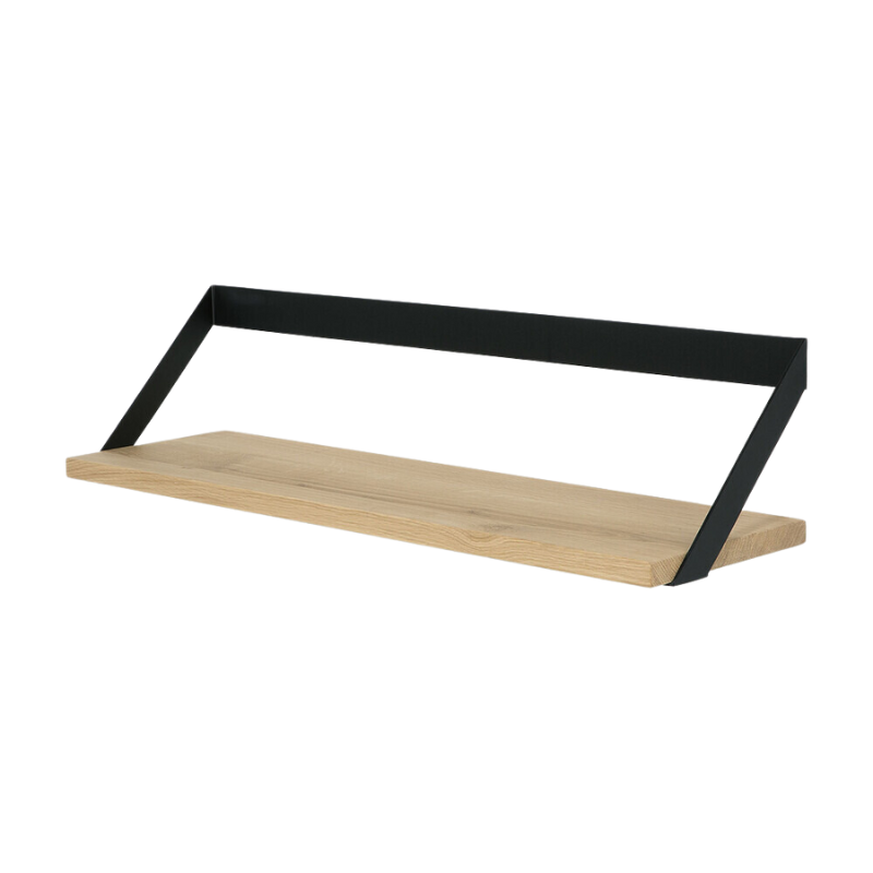 The Ribbon Shelf from Ethnicraft made with oak wood and black metal, 28 inch size from the side.
