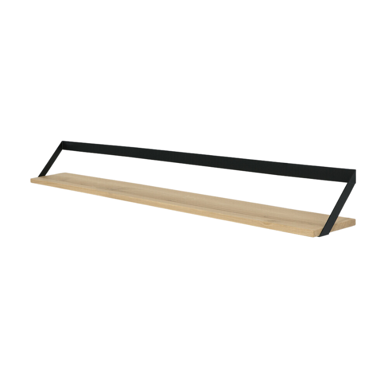 The Ribbon Shelf from Ethnicraft made with oak wood and black metal, 55.5 inch size from the side.