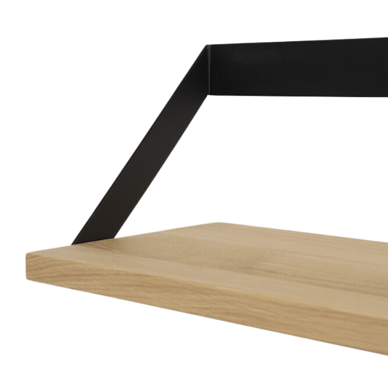 The Ribbon Shelf from Ethnicraft made with oak wood and black metal close up.
